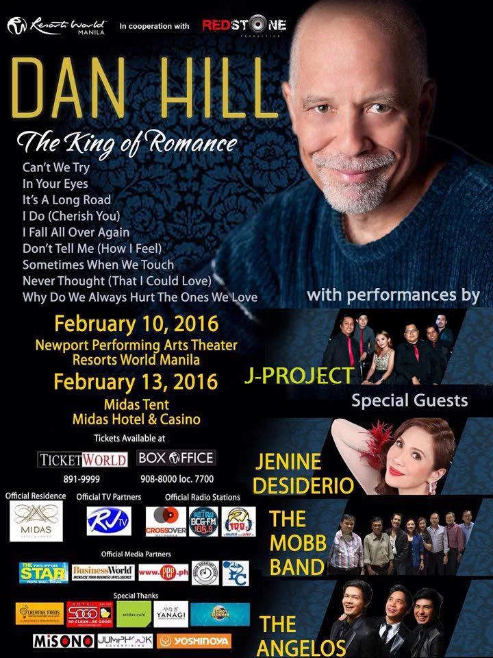 Archival concert poster for Dan Hill: The King of Romance (February 2016) listing performances by J-Project at Newport Performing Arts Theater and Midas Hotel