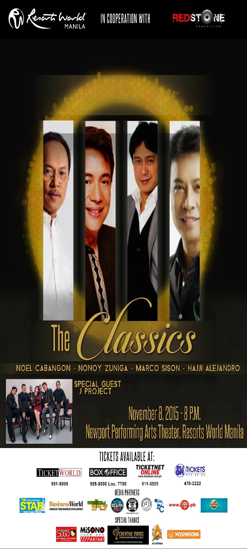 Archival concert poster for The Classics (November 8, 2015) with Noel Cabangon, Nonoy Zuniga, Marco Sison and Hajji Alejandro, naming J-Project as Special Guest at Newport Performing Arts Theater
